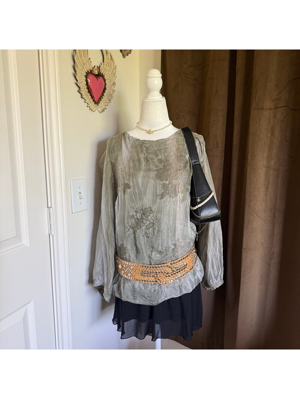 Belle France Silk Lined Floral Boho Blouse Made in Italy Women's XL Sage